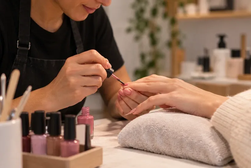 Uma esteticista a pintar as unhas de uma cliente, com os vernizes em cima da mesa.
