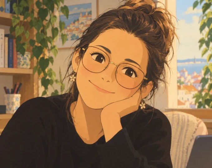 Ilustração da Irina, de óculos e cabelo apanhado, a sorrir com a mão no queixo.