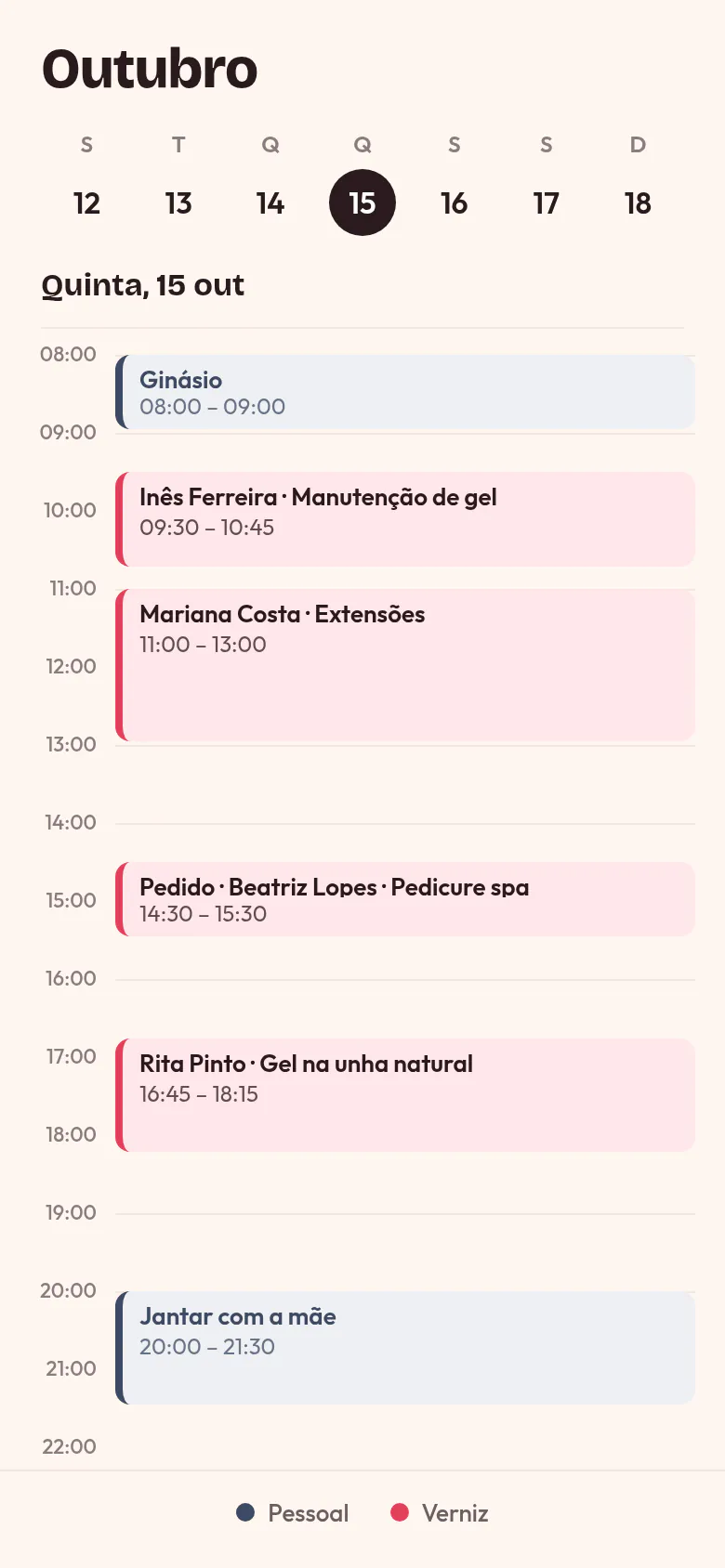 Um dia no calendário do telemóvel: o ginásio e o jantar com a mãe ao lado das marcações do Verniz, como «Inês Ferreira · Manutenção de gel».