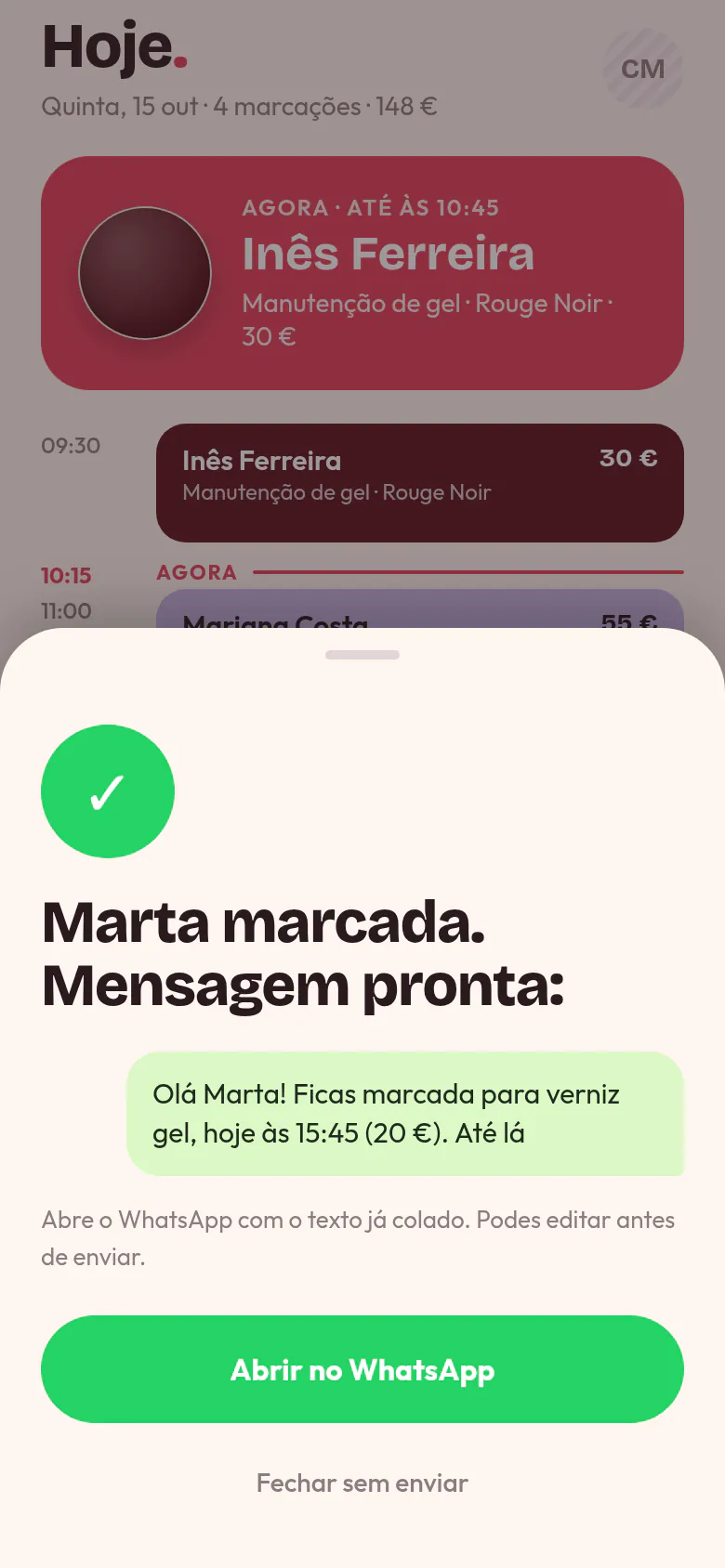 Depois de marcar a Marta: a mensagem de confirmação já escrita, com o dia, a hora e o preço, e o botão Abrir no WhatsApp.